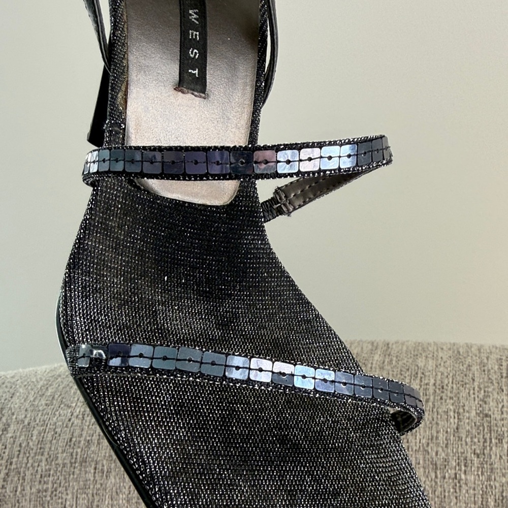 Vintage Nine West Strappy Heels Square Sequin Gun Metal Pewter Gray Black Sz 7 - Picture 15 of 17